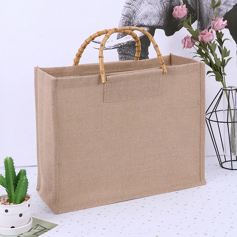 Manufacturer OEM Nature Tote Bag with Printed Logo Wholesale Eco Friendly Burlap Jute Shopping Bags Grocery Tote Bamboo Handle