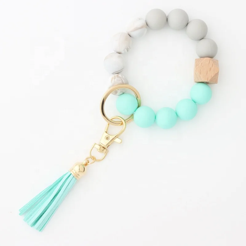 Amazon new bracelet key ring food grade silicone beads bracelet leather tassel wooden beads key chain for women