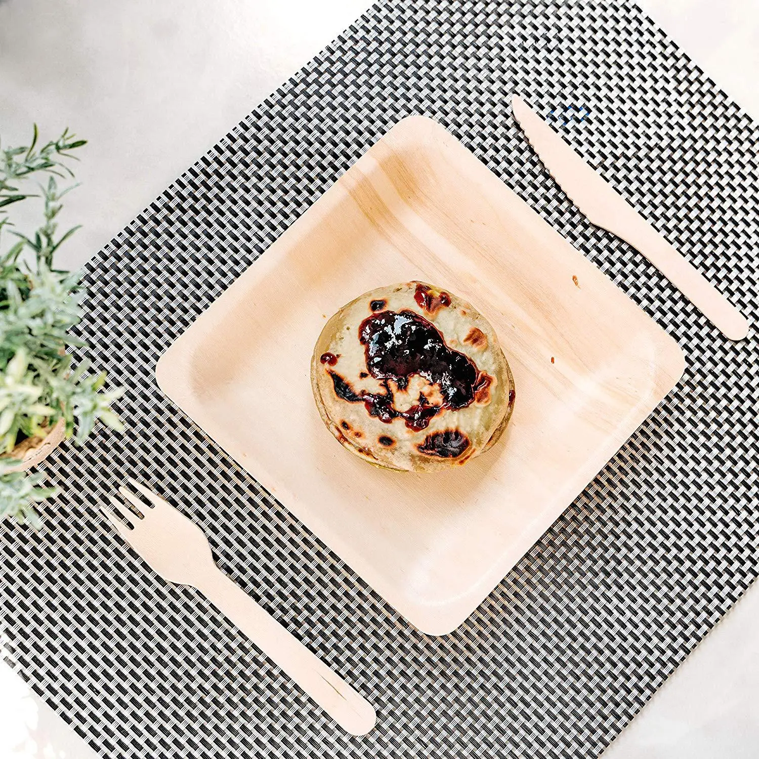 Disposable Biodegradable Palm Leaf Tray with Fork Knife, Natural Areca Palm Leaf Plates Round Square Set