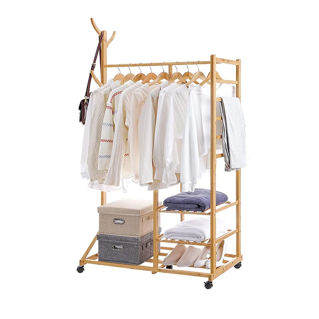Bamboo Strong Load Up Hat Tree Hanger 3 Layers Wardrobe Storage Shelves with Wheels Movable Clothing Storage Shelves Organizer