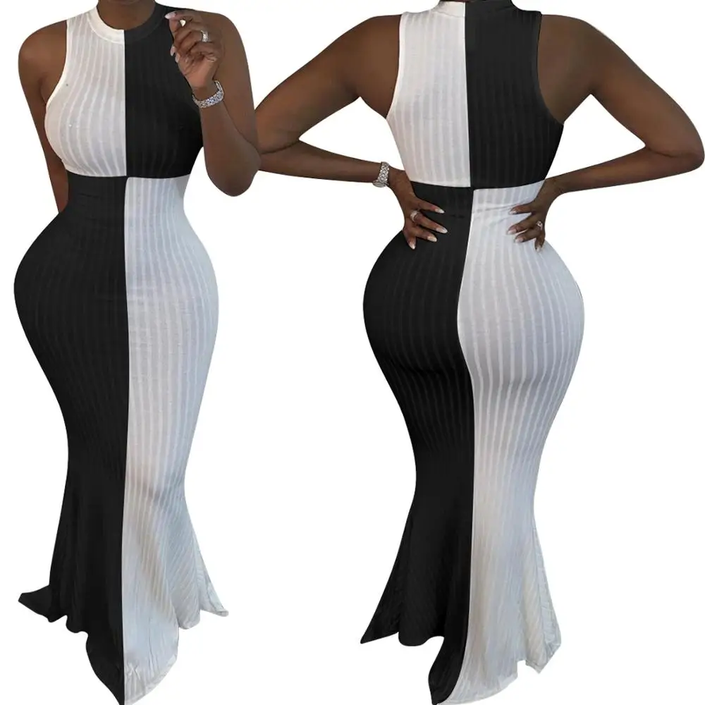 
LLDRESS Wholesale one piece set knit dress sleeveless elegantnew white black blocked color long dress 