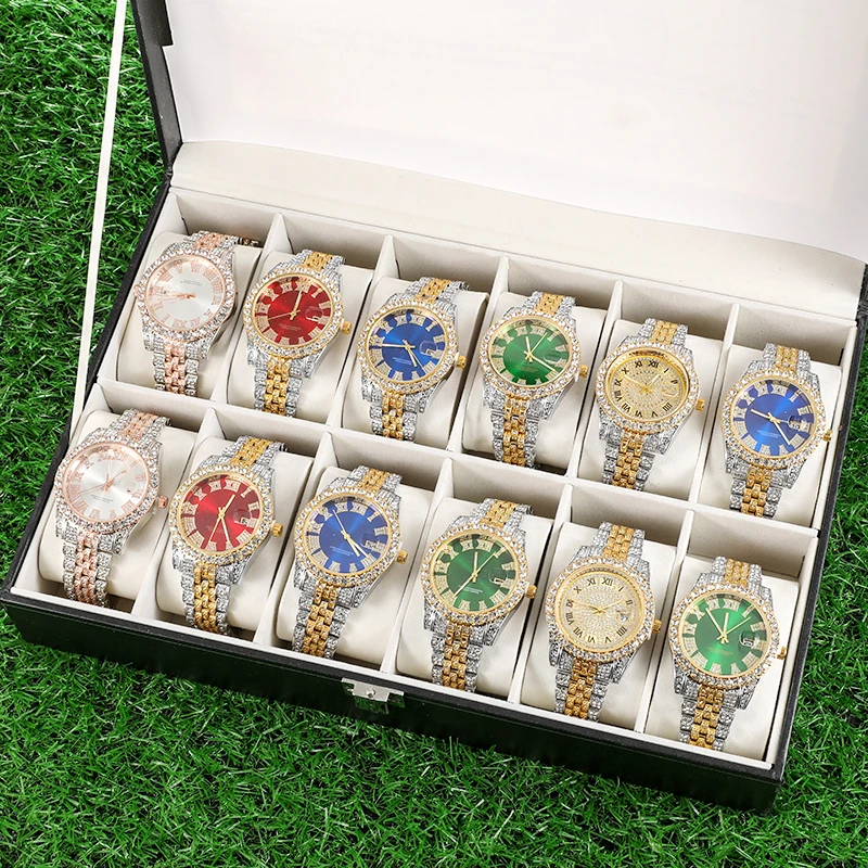 2021 New Hip Hop Jewelry Iced Out Rhinestones Quartz Watches Stainless Steel Roman Watches 18k Gold Cz Diamond Bezel Watch