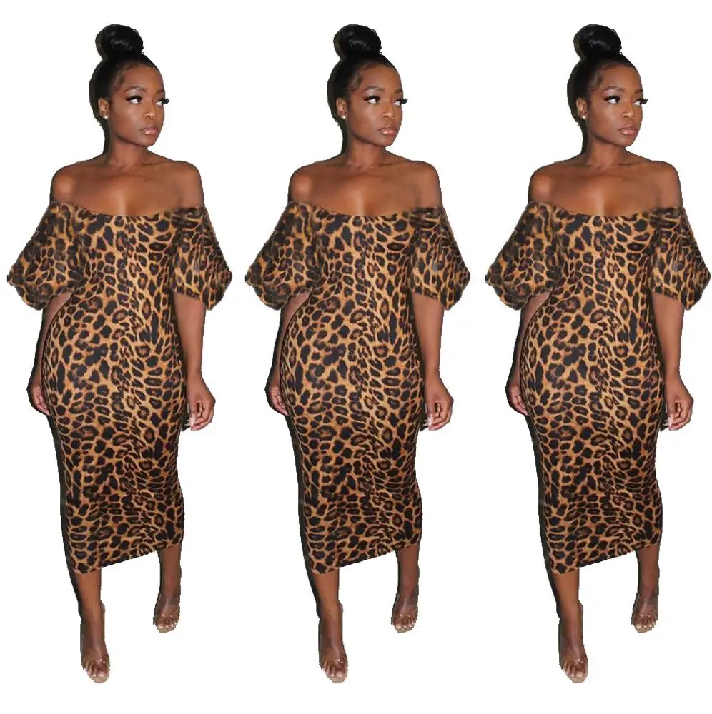 Women Clothing Off Shoulder Leopard Print Midi Dress Puff Sleeve Bodycon Floral Fashion Party Nighty Sexy Dress Hot Sale RS00061