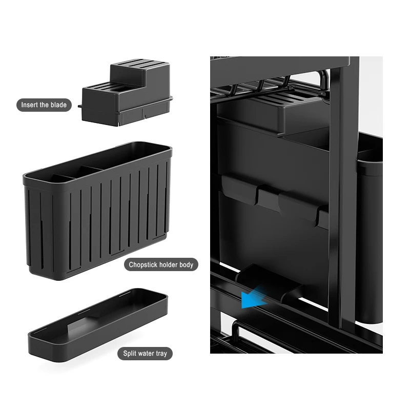 2 Layer Detachable Multifunctional Black Kitchen Shelf Plate Dish Drying Drainer Rack Utensil Storage Holder for Home