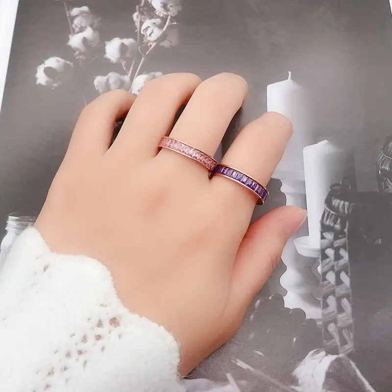 New Fashion Colorful Explosion Stone Ring with Zircon Rose Gold Titanium Steel CZ Setting Ring for Girls