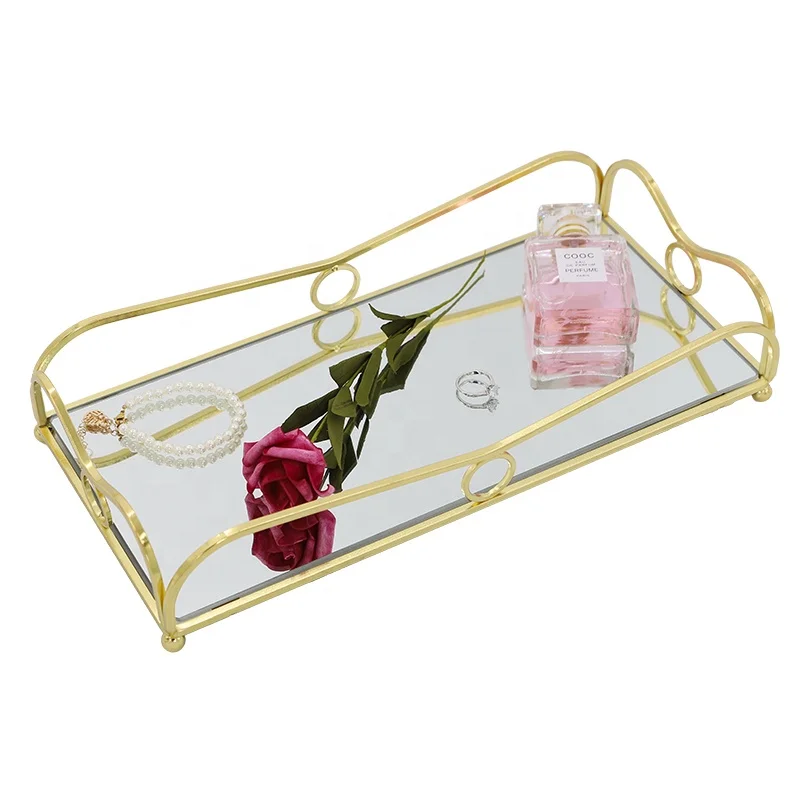 Nordic Modern Perfume Vanity Home Decor Jewelry Glass Luxury Gold Metal Serving Decorative Mirror Tray