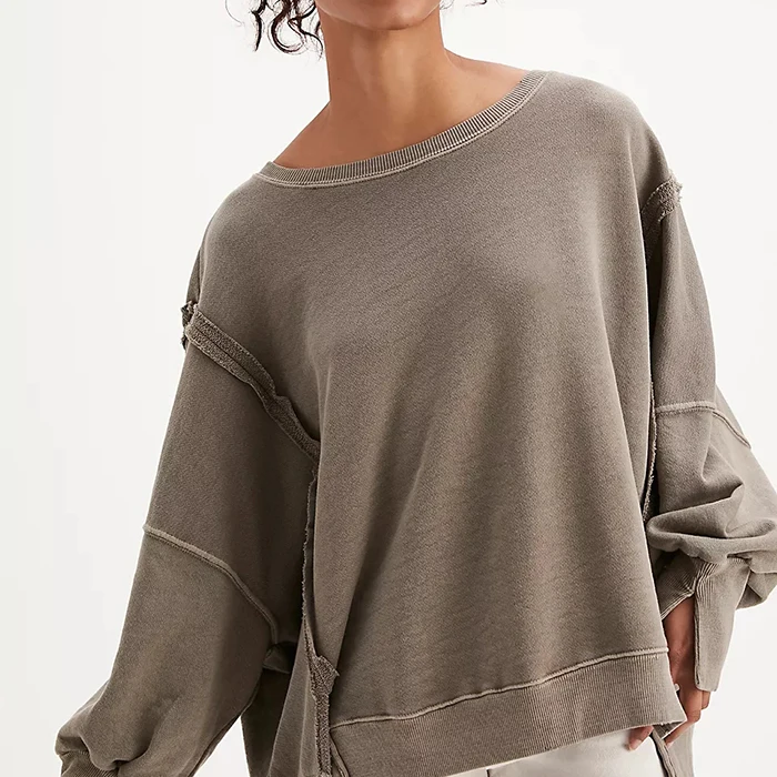 huilin new design blank vintage wash crewneck sweatshirt raw edge ripped frayed hoodie women split trims vintage sweatshirt