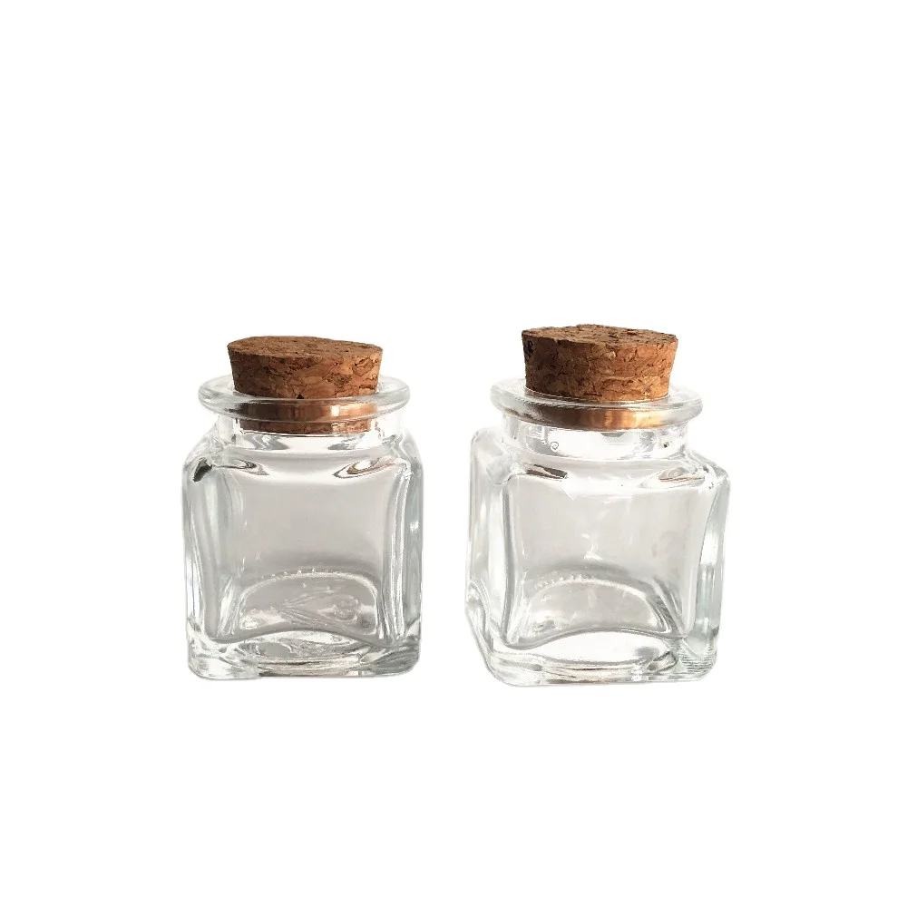 High Quality Empty Clear Square Glass Candy Storage Jar 50ml mini glass saffron jar with cork lid for cyrus saffron 5g