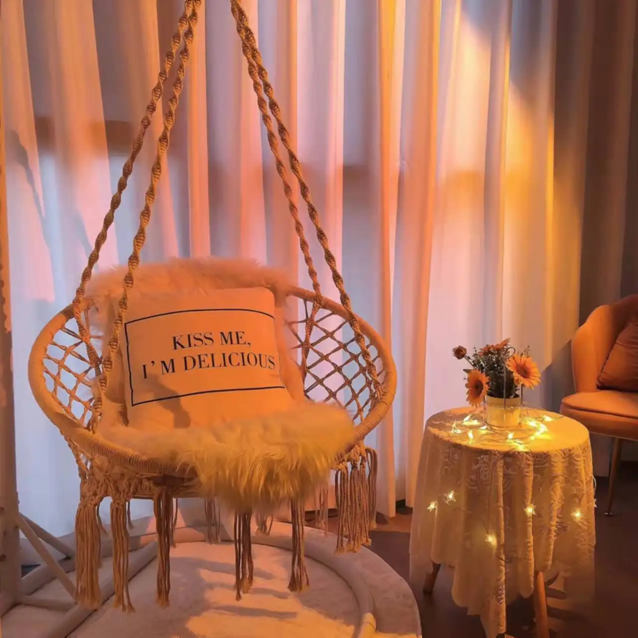 Ins Net Red Tassel Swing Hanging Chair Household Cotton Rope Basket Rattan Chair Balcony Lazy Basket Chair