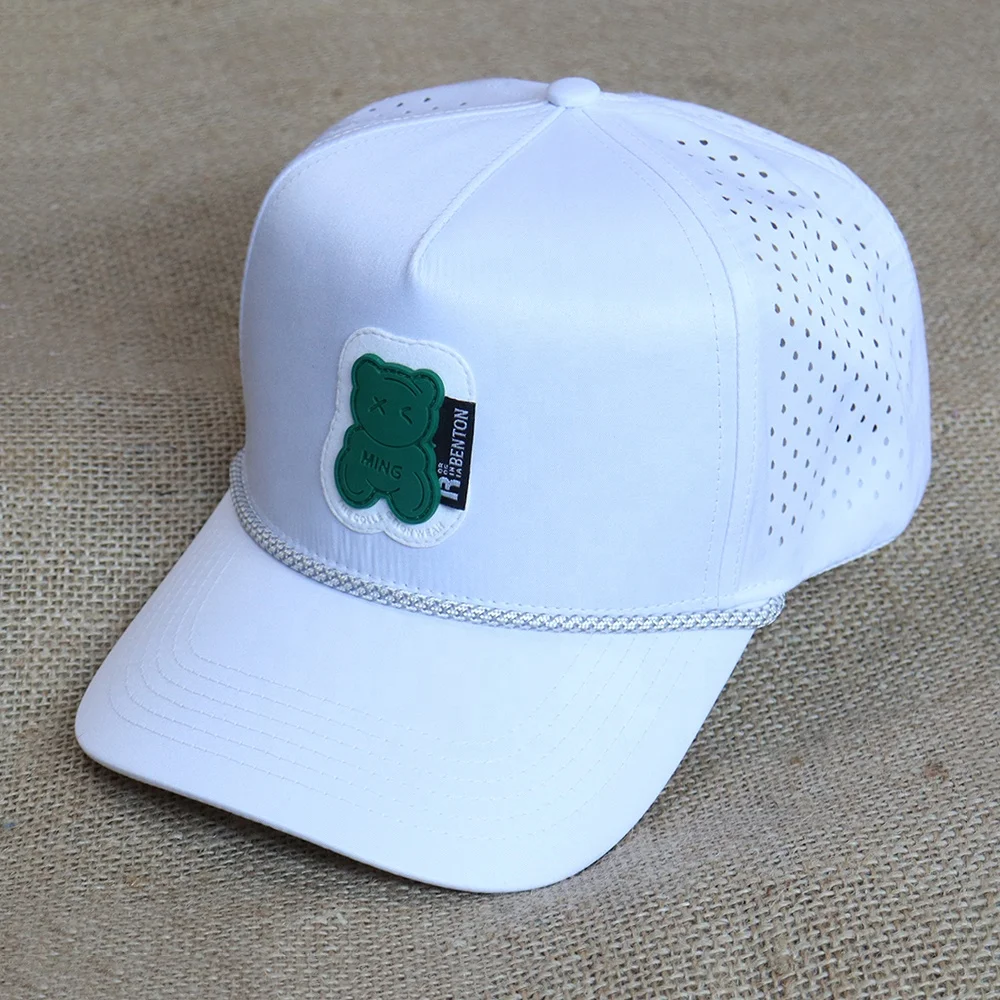 Custom High Quality 5 Panel White Quick Dry Laser Perforated Breathable polyester trucker Caps Hat with logo