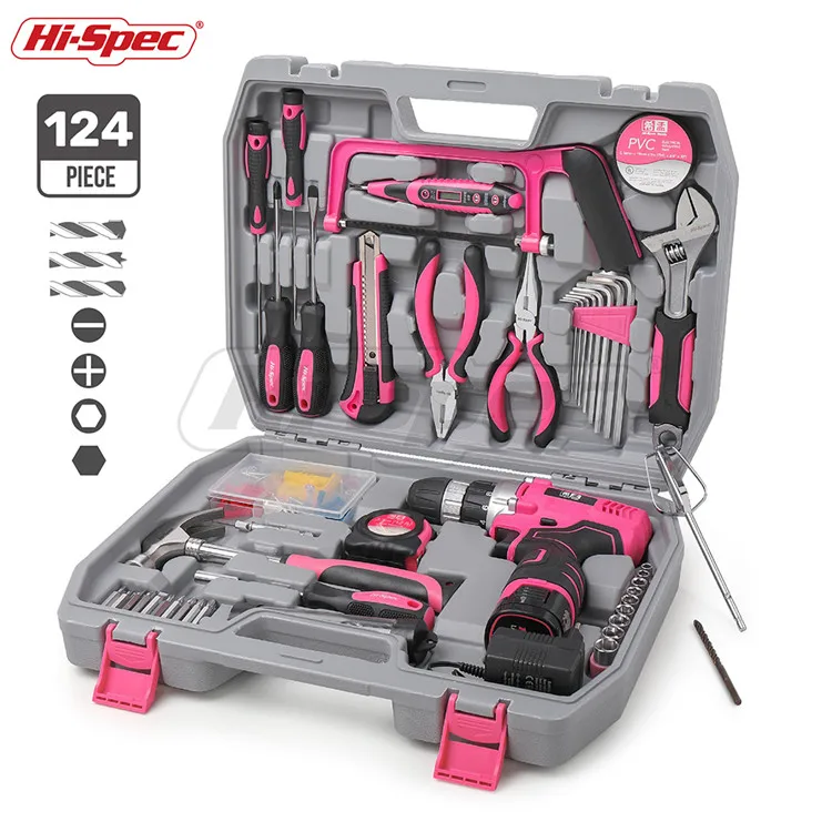 124 piece Pink Lady Power Tools Kit Hand Tools Set Cordless Power Drill with 16.8v Li-ion Battery in a tool case