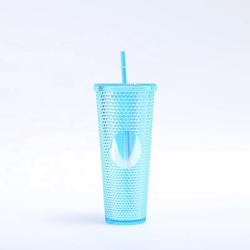 24 oz double wall plastic acrylic reusable cold drinking durian cup matte studded tumbler 24oz with lids and straws
