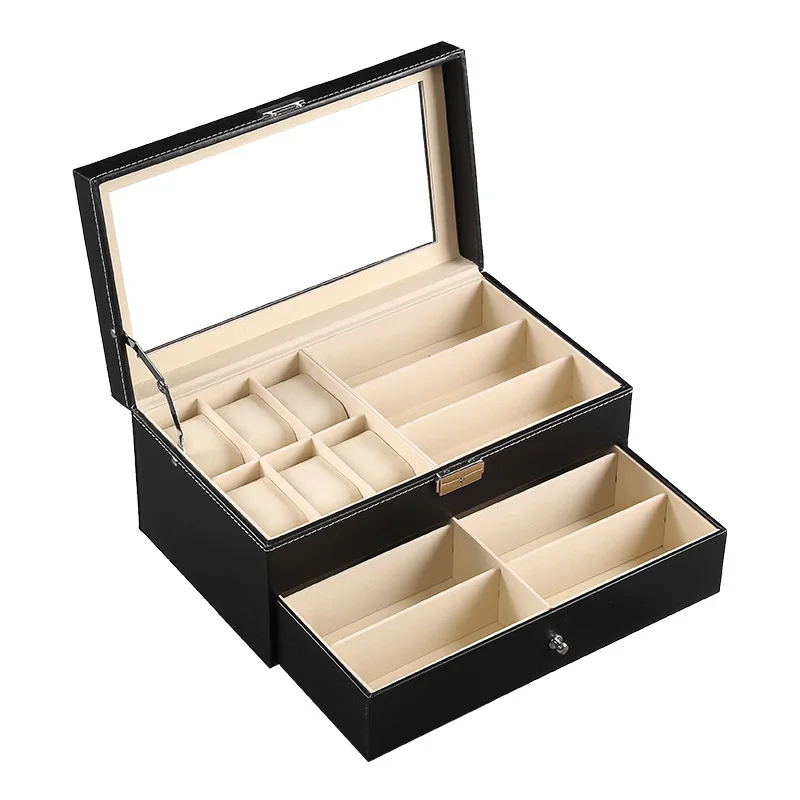 Luxury Black PU Leather Wood 2-Tier 6 Slots Watch Box And 9 Slots Sunglasses Display Drawer  Lockable Case Organizer