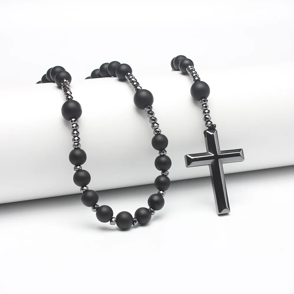 Fashion 8mm Black Agate Hematite Beads Matte Onyx Beaded Necklace Cross Pendant Rosary Necklace Catholic
