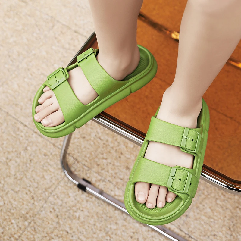 New Fashion Beach Sandals Double-buckle Adjustable Strap Big Size Flat Pillow Slippers Casual Girls Slides Shoes