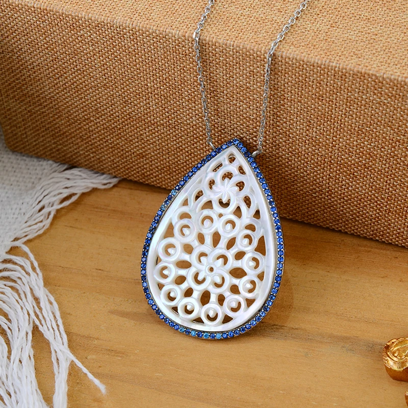 Ladies Classic Jewelry Natural White Shell Water Drop Hollow Shape Pendant 925 Sterling Silver Necklace Chain