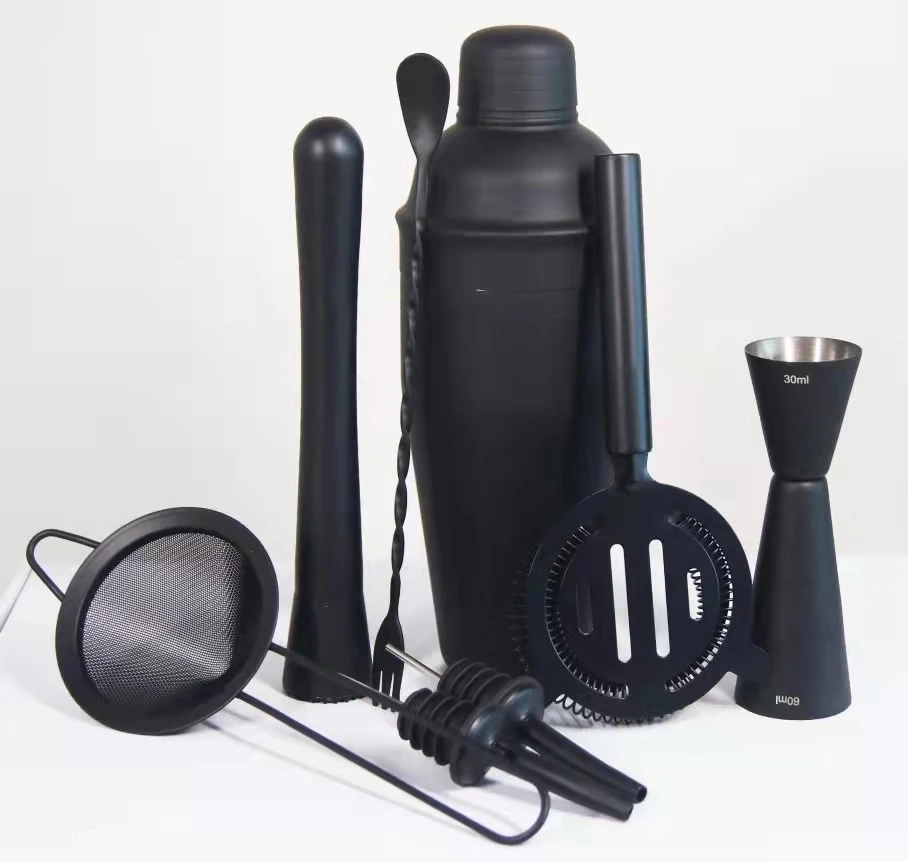 Top Seller 2024 Matte Black Cocktail shakers Bartending Gift Set With Wooden Stand