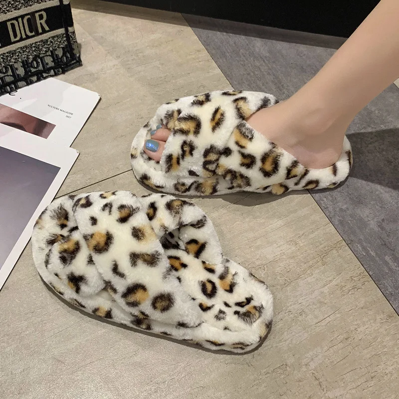 
Customized large size cross hairy slippers women thick-soled elastic band open toe plush slippers for ladies 
