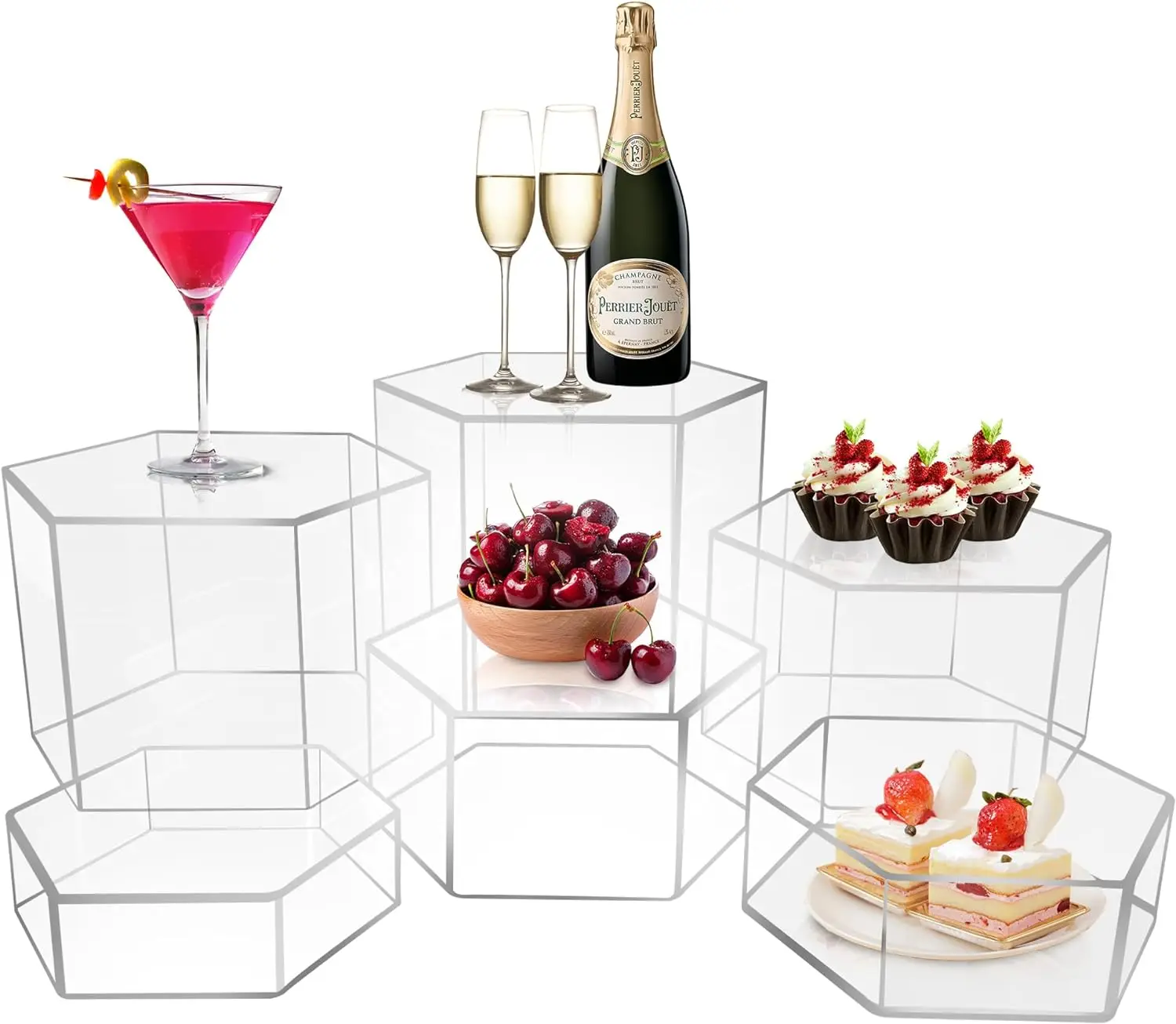 6 Pcs Buffet Risers, Dessert Stand, Acrylic Box for Display, Hexagonal Jewelry Showcase, Riser Display Case Acrylic Display Base