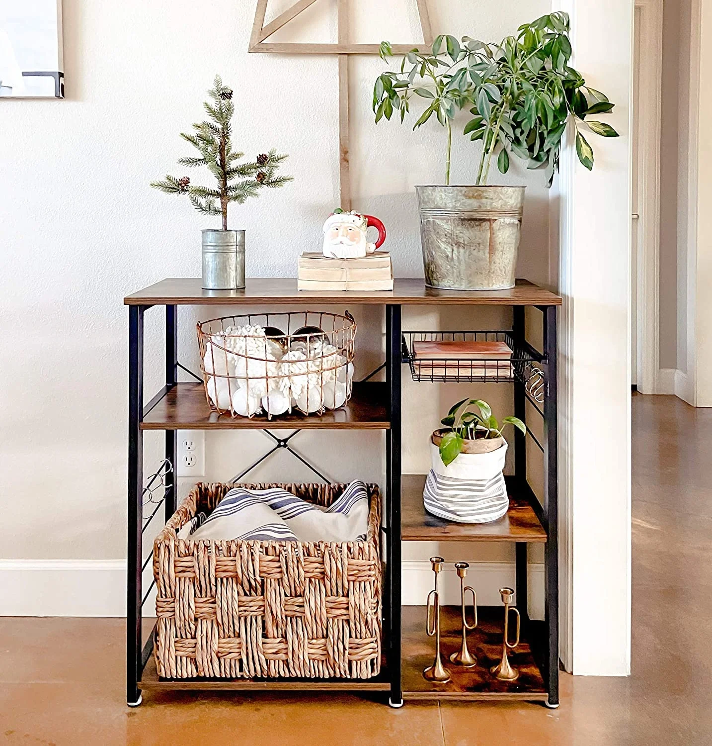 Kitchen Rack, Coffee Bar with Wire Basket 6 Hooks Microwave Oven Stand Metal Frame Wood Look, 35.4 Inch