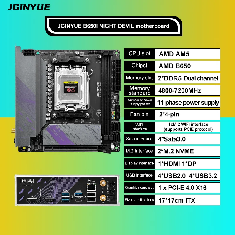 JGINYUE AM5 mini itx B650i Night Devil B650 Motherboard supports Ryzen 7000-9000 Series Desktop PC CPU DDR5 RAM WiFi onboard