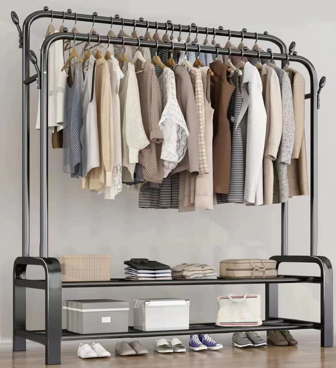 Popular Movable Coat Rack Clothes Hanger Stand Garment Rack With Bottom Shelf