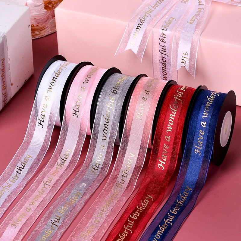 Ribest Custom Gold Foil Satin Organza Ribbon Logo Printed For Birthday Cake Gift Wrapping