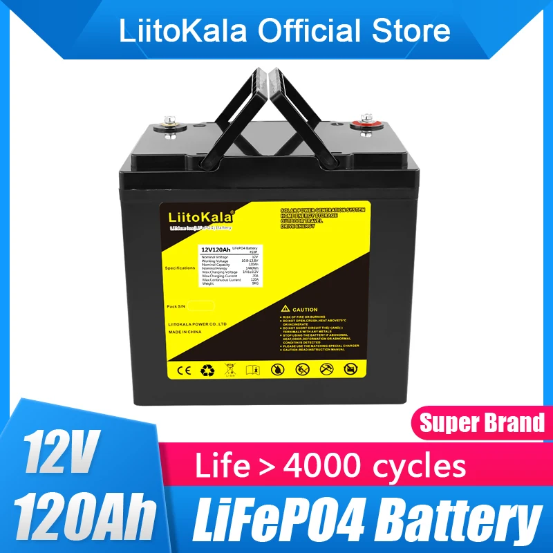 Liitokala 12v 120ah lifepo4 capacity 12.8v lithium iron rechargeable rv block solar battery with bms for outdoor camping