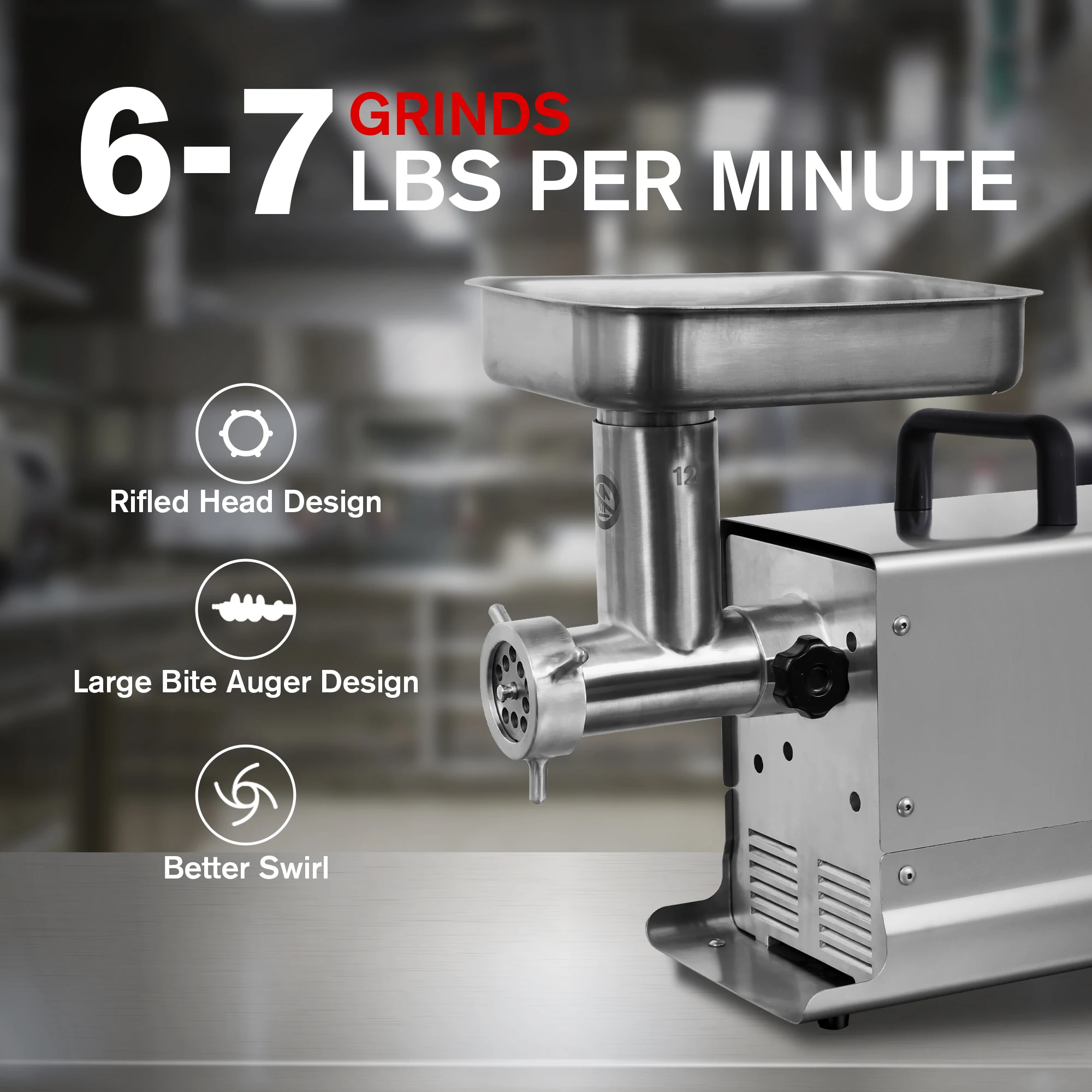 Meat Grinder #12, EG1, Stainless Steel, Rifled head and large bite Auger design, stuffing directly