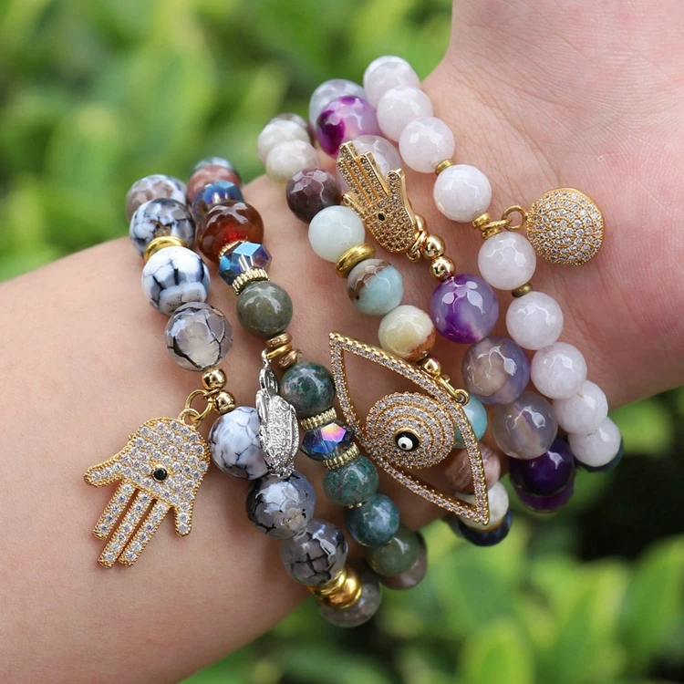 Hot Sale Gemstone Round Bead with Frog Eye Hand Pendant Gold Plated Copper Bracelet Fashion Trendy Jewelry