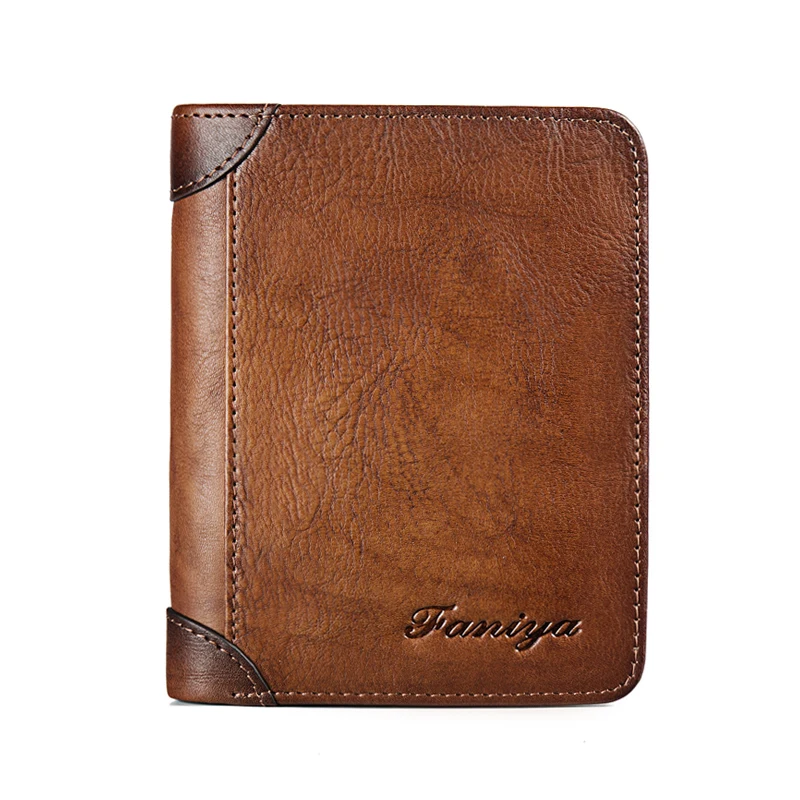 Brown Full Grain Genuine Leather Short Wallet Men Crazy Horse Anti Rfid Blocking Pure Leather Bifold Wallet For Man