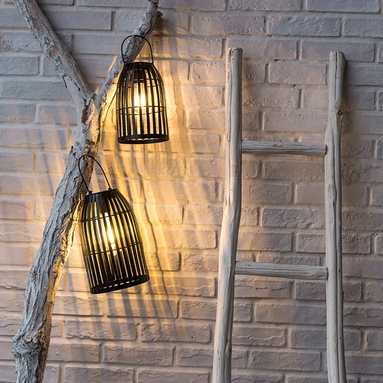 Kanlong outdoor garden bamboo solar metal lantern with plastic filament bulb and solar panel