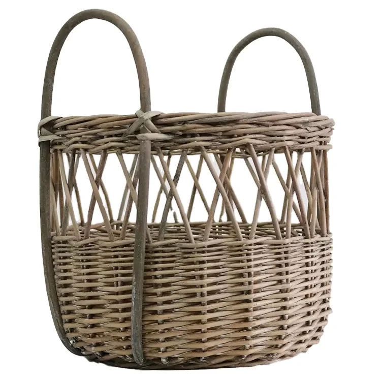 K&B rustic gray round corner manual rattan wicker laundry clothes storage hamper basket