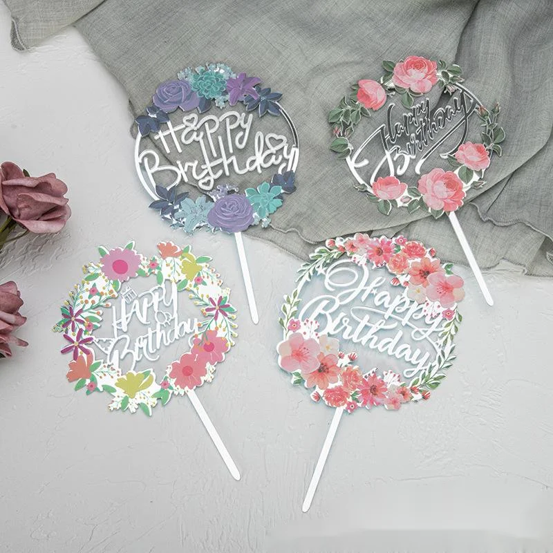 New Arrival RTS Paintings Acrylic Cake Topper Happy Birthday Insert Card Flower Pattern plug-in Party Decor Tools