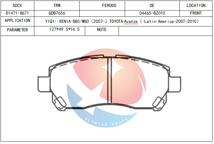 SDCX D1471 / 04465-BZ010 / SP1589 cross reference raw material mad in Japan brake pad for JIABAO V55 / V70 / V80