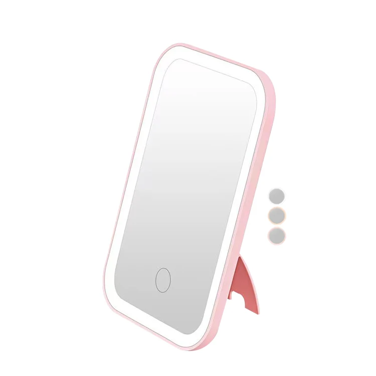 Beauty  Custom Logo Portable Small Desktop Ladies Touch Tricolor Light Rectangle Vanity Makeup Mirror With Led Light