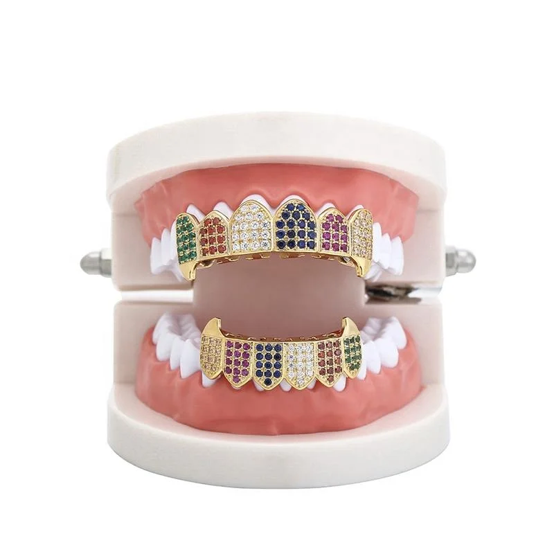 Real gold plating brass and six different colors zircon hip hop fang teeth grillz with case packaged