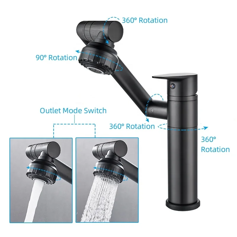 Modern New Brass Water Tap Multifunctional Swivel Faucet 360 Degree Bathroom Water Faucet Black Basin Faucet Mixer Taps