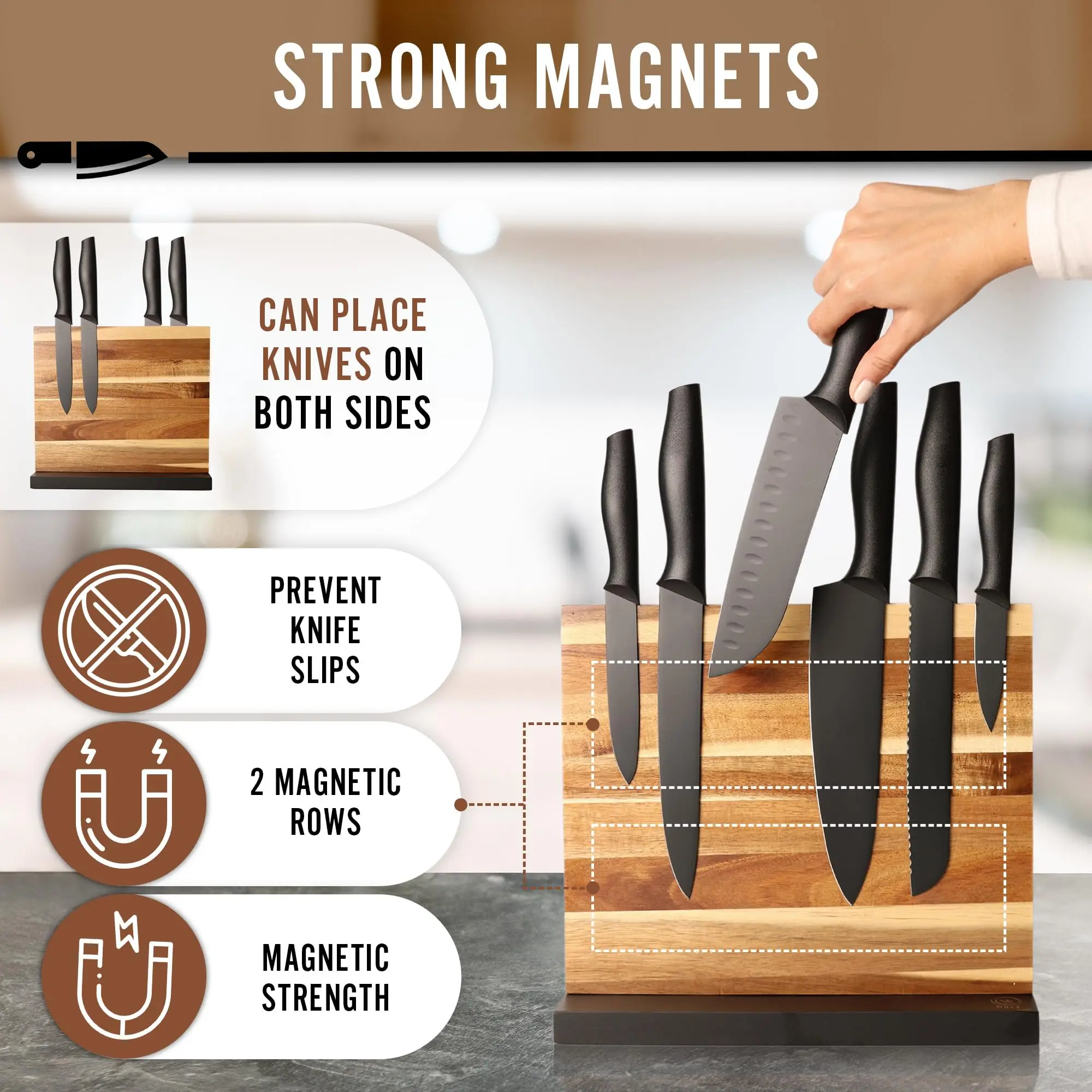 Double Side Acacia Wood Magnetic Knife Holder Bamboo Magnet Knife Storage Organizer Block Magnetic Universal Stands Rack