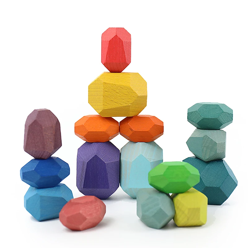 Cross-Border Hot Selling New Arrival Wooden Colored Stone Rainbow Building Blocks Children Bricks Pro Educational Toys