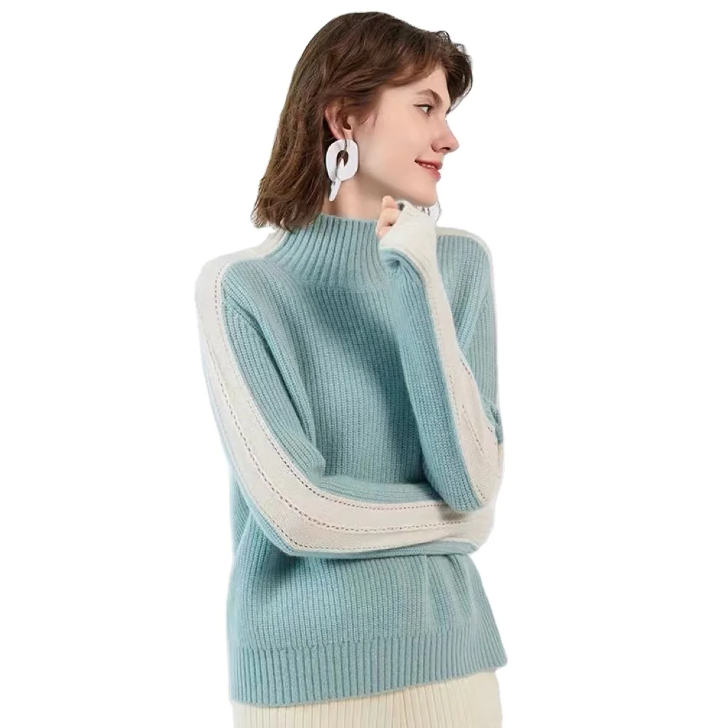British Style Casual Style Blue Color White Color Joint Side Sleeve Knitted Cashmere Sweater for Women