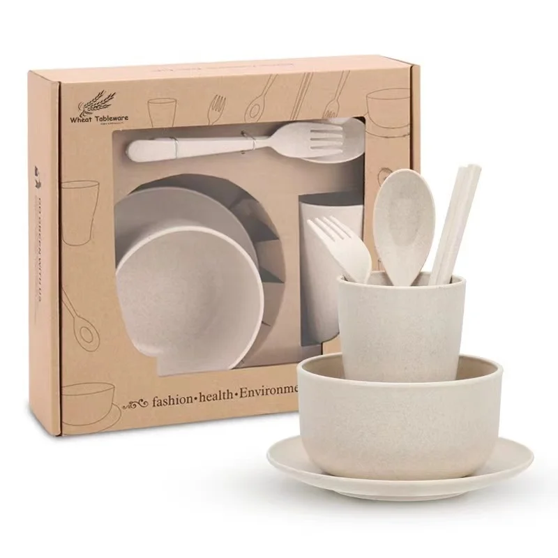 Reusable Eco Friendly Wheat Straw Fiber Plastic Cutlery Cup Bowl Plate Picnic Dinnerware Tableware Set For Kids And Adults