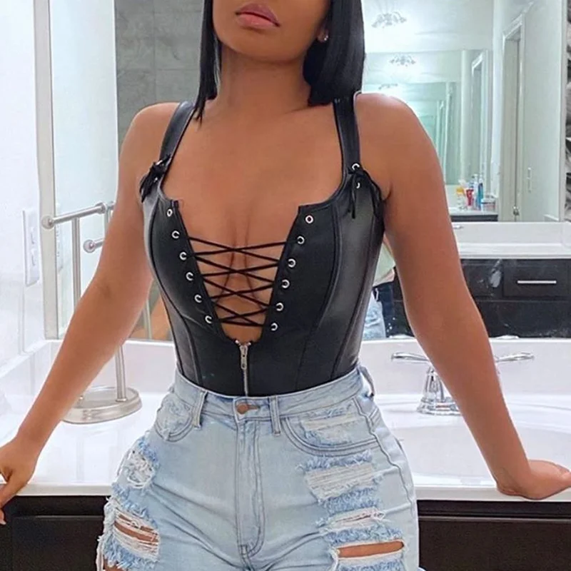 OEM Wholesale Custom Design Lace-Up Leather Women Black Sexy Corset Bodysuit