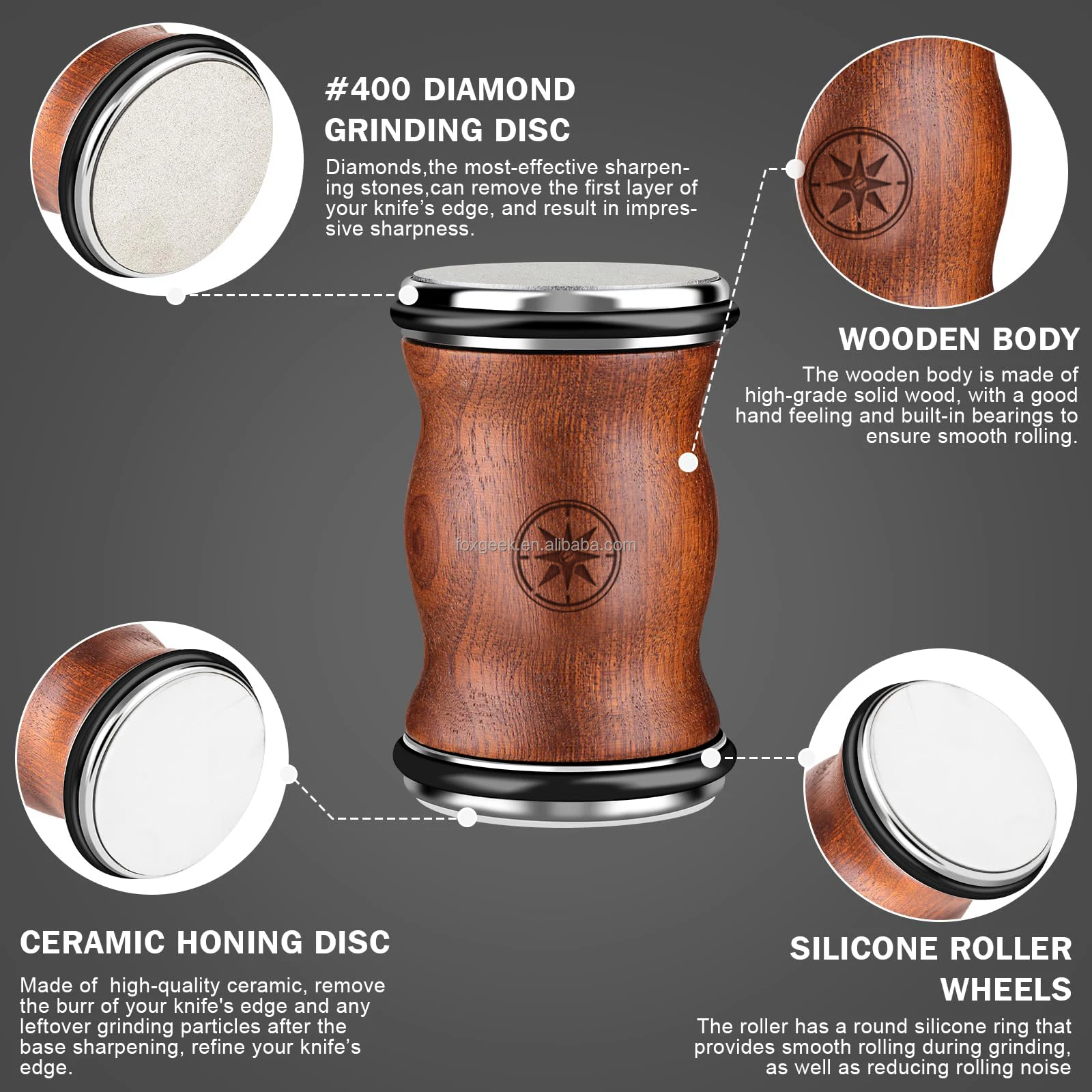 Custom Manual Rolling Knife Sharpener Set 4 Multi Angles Magnetic Kitchen Wooden Knife Base with Diamond Ceramic Discs