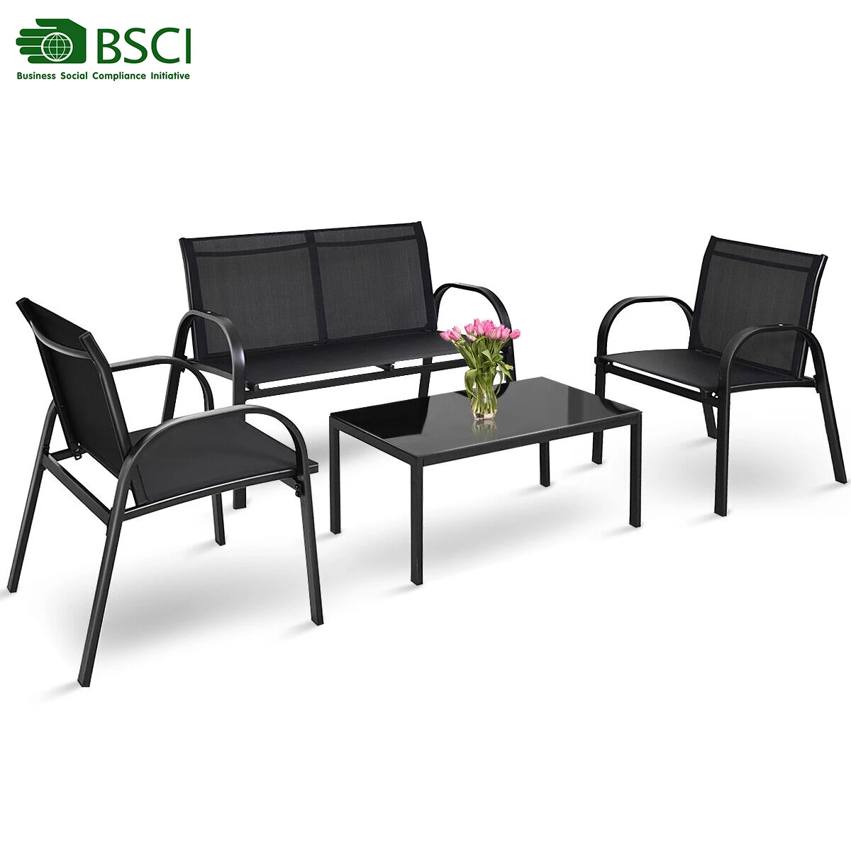 High quality square black luxury patio furniture set with superior glass tabletop
