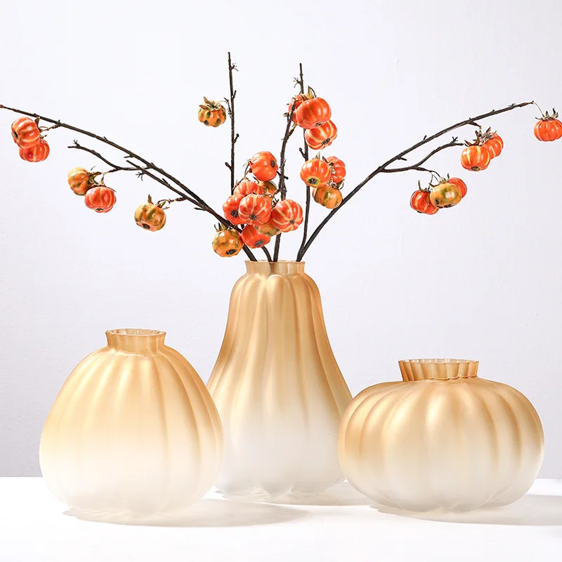 BSCI tabletop glass vases Custom new style pumpkin shaped modern  ribbed design glass unique glass vases