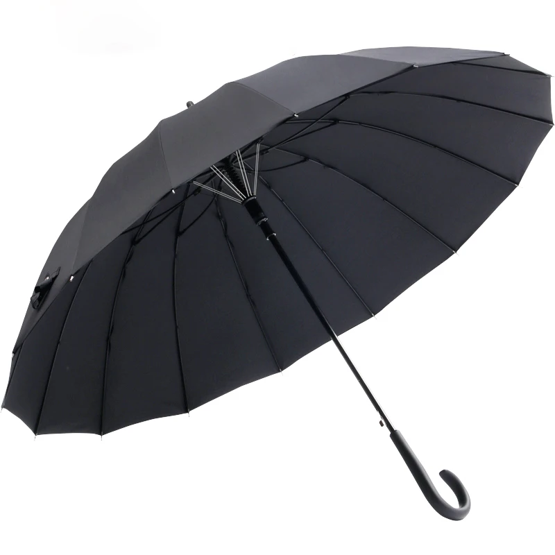 Wholesale fiberglass frame wind proof 16 rib umbrella straight with logo custom print with cuvred handle