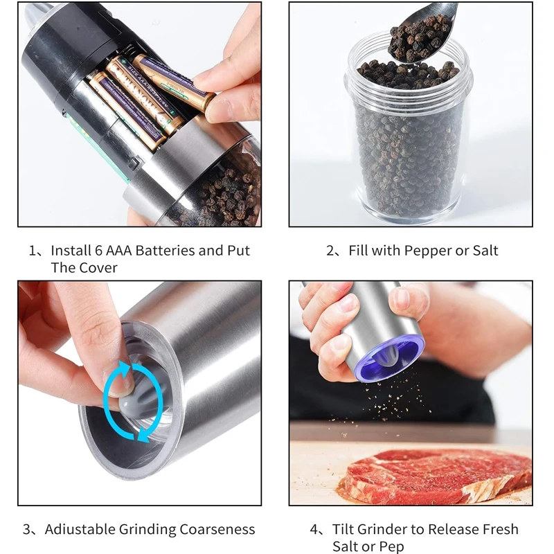 Hot Selling Adjustable Spice Black Pepper Grinder Mill with Blue Light Automatic Gravity Electric Salt and Pepper Mill Set Of 2