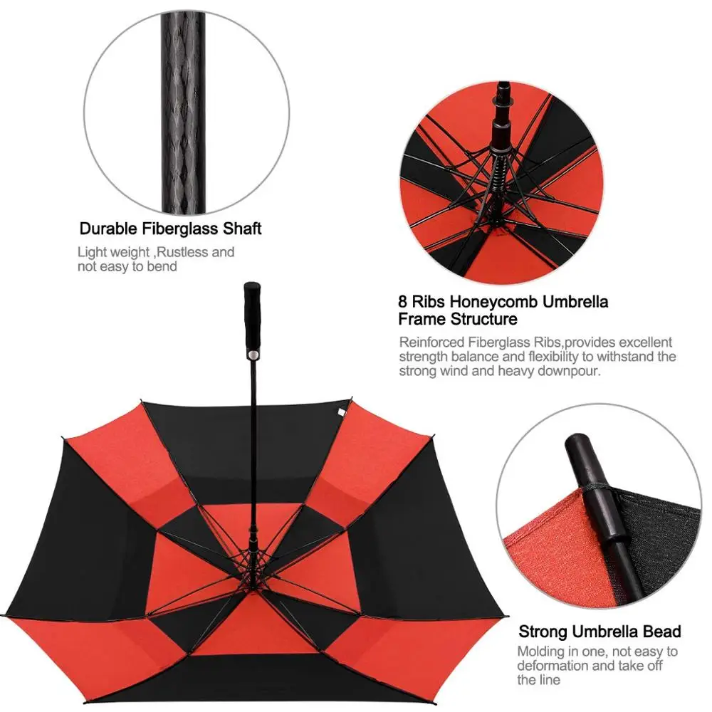 Storm proof semi-automatic extra large size double layer wind proof air vented golf square umbrellas