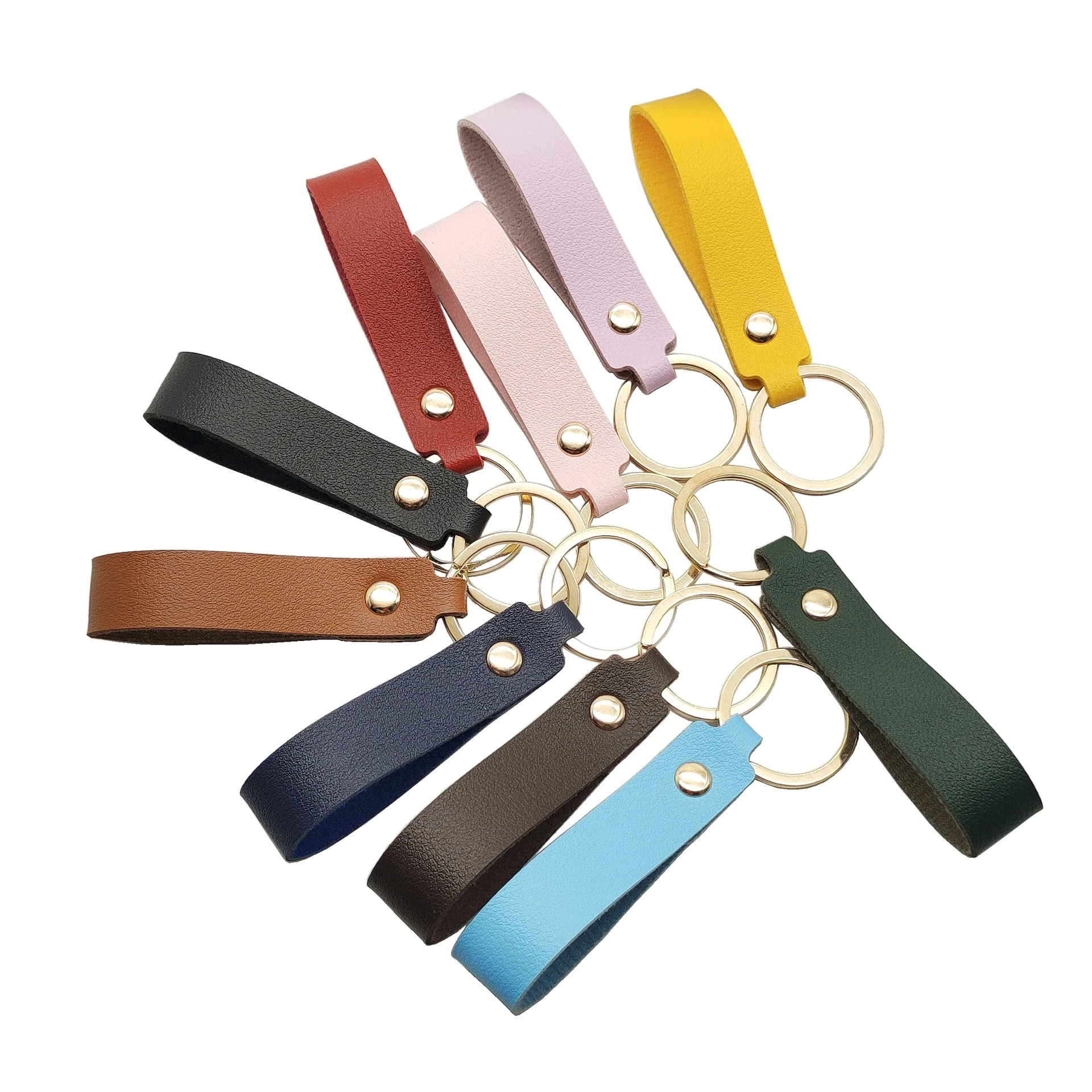 FF3241 Custom Logo Embossed Pure Color Car Key Chain Metal Ring Promotional Gift Blank PU Leather Keychain With Metal Hook